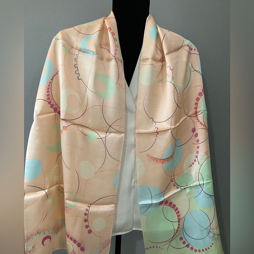 100% silk scarf Pink blue green graphic polka dots print